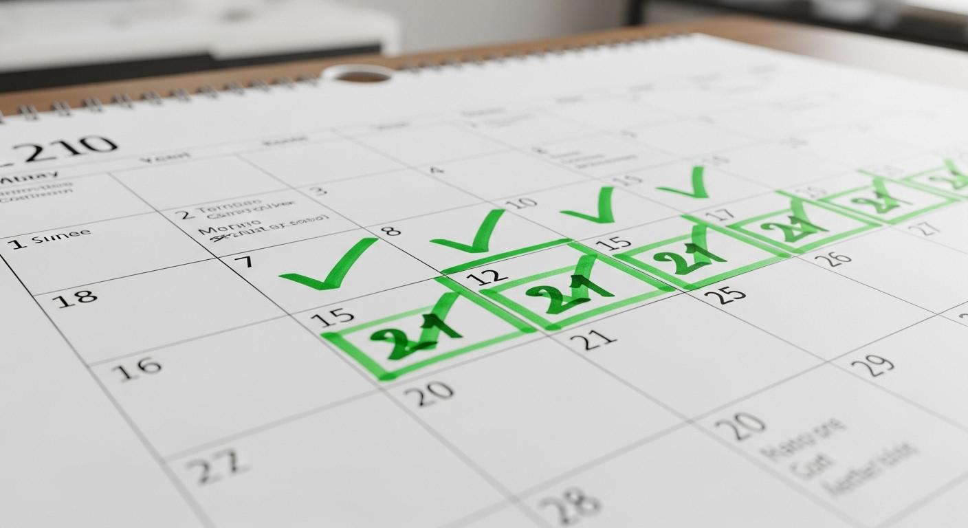 21日間連続でチェックマークが付いたカレンダー。習慣化のコツ。