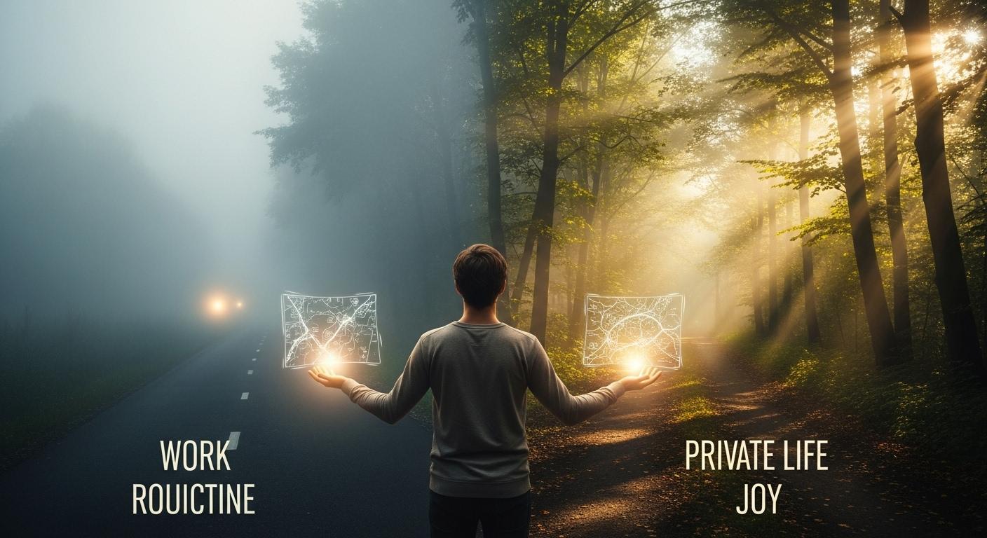 仕事もプライベートも楽しくない状態から抜け出す方法を示す、希望の光が差す十字路。