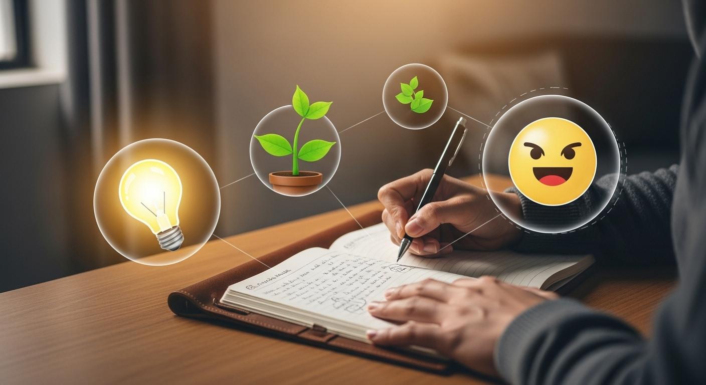 日記を書くことでネガティブな感情をアウトプットし、モチベーションを回復するイメージ。