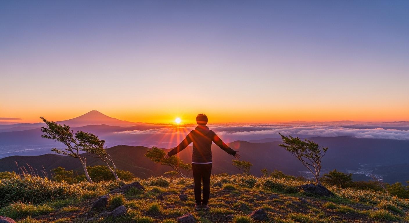 丘の上から日の出を見て、人生の新たなスタートを切る希望に満ちた人物。