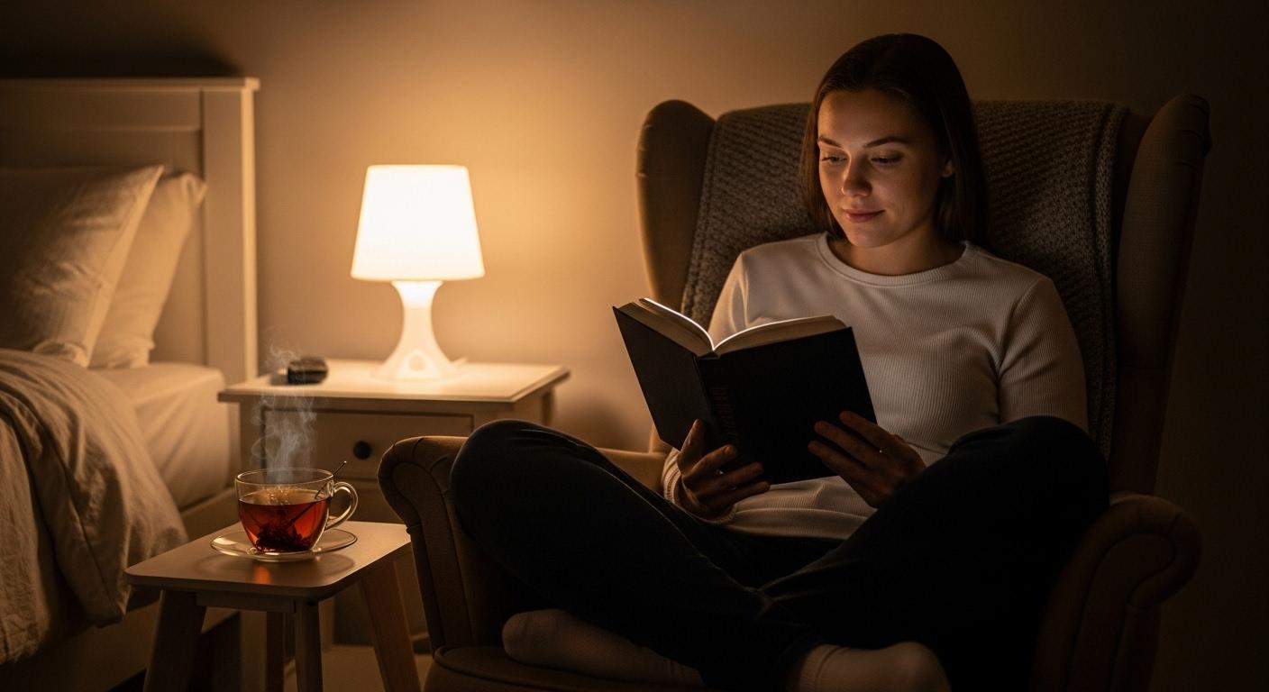 穏やかな照明の下で読書する人の画像。ナイトルーティン。