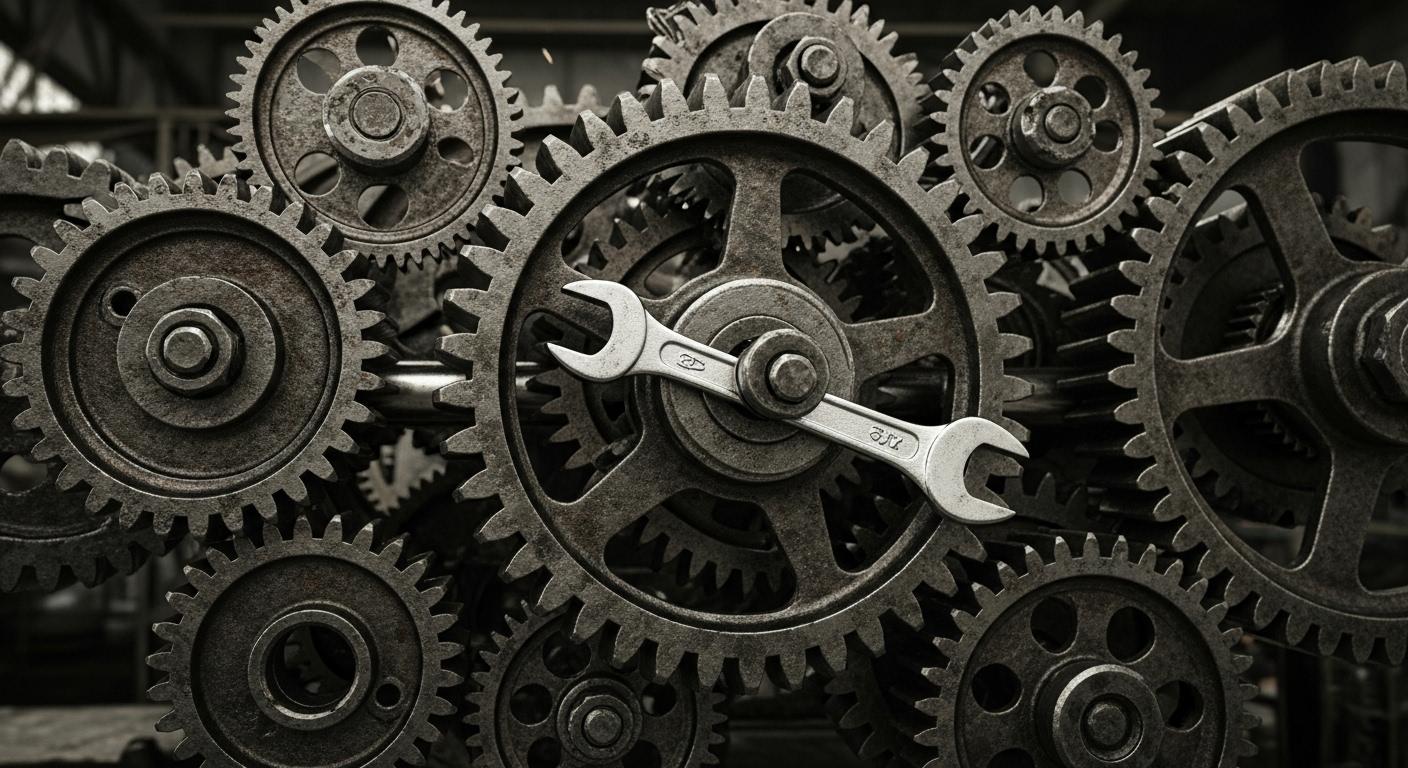 複雑な歯車が小さな障害物で止まってしまった図。ルーティン化のデメリット。