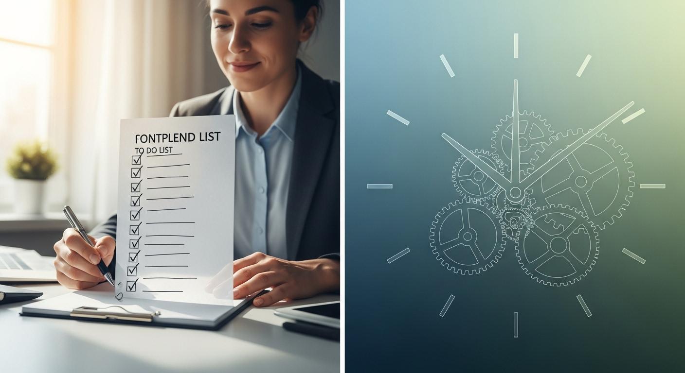 スケジュール管理表と集中して作業する人の画像。「ルーティンとは」を解説