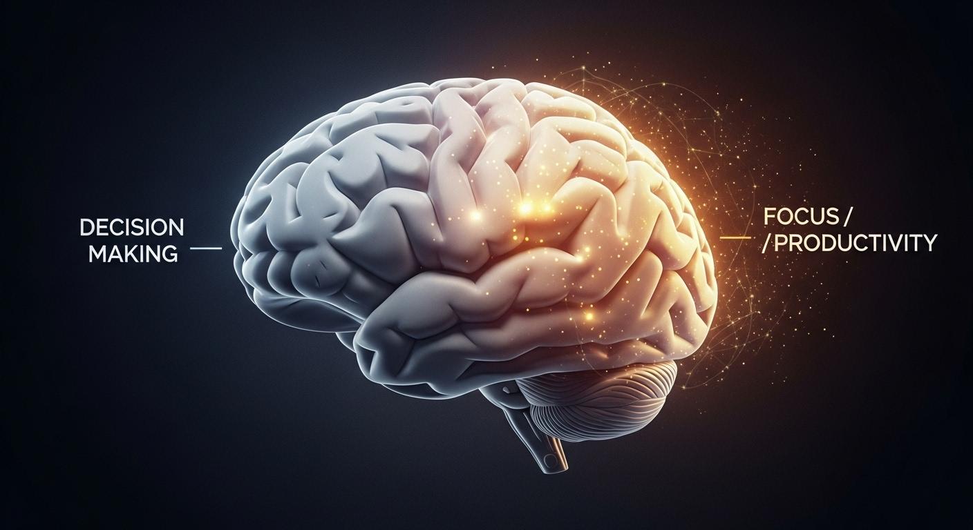 脳の意思決定領域の活動が低下し、集中領域が活性化している図。