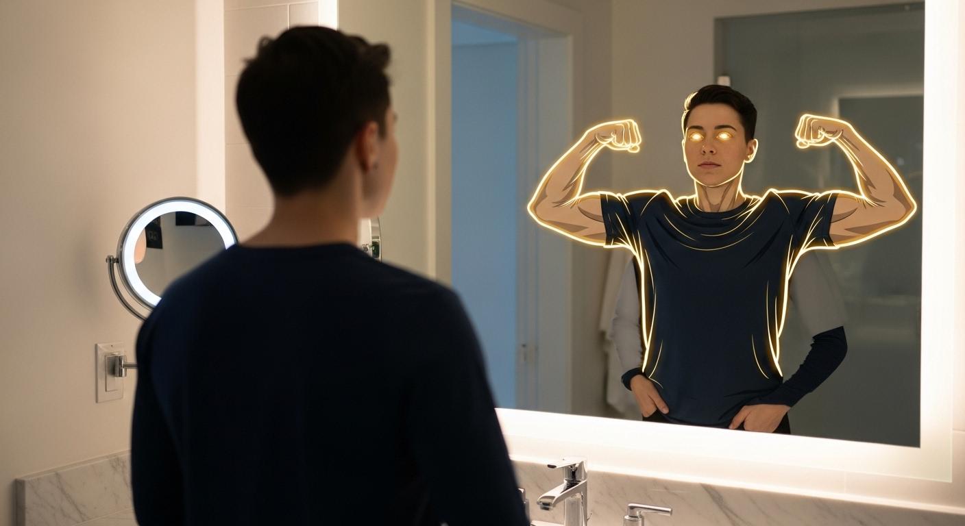 鏡を見てポジティブな自分を認識し、自己肯定感を高めている人のイメージ。
