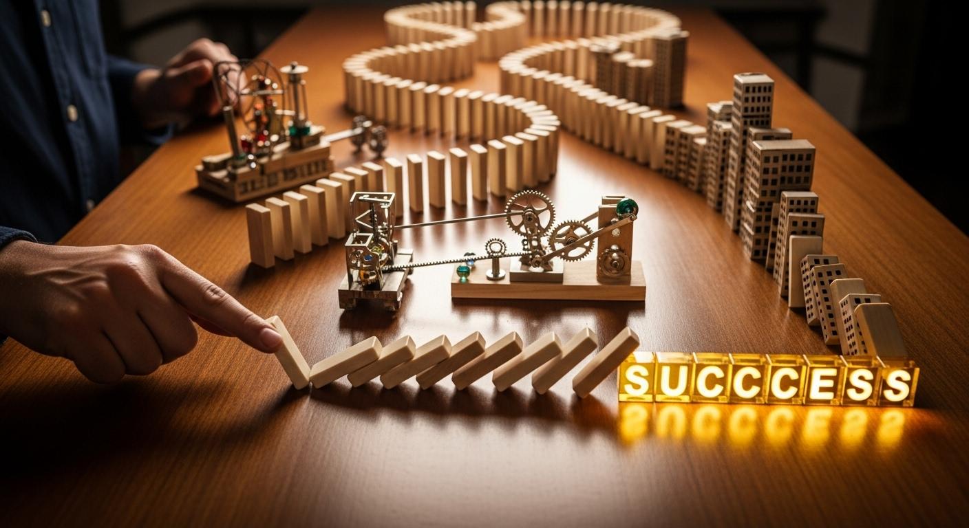 小さなドミノから大きな成果につながる連鎖反応の図。