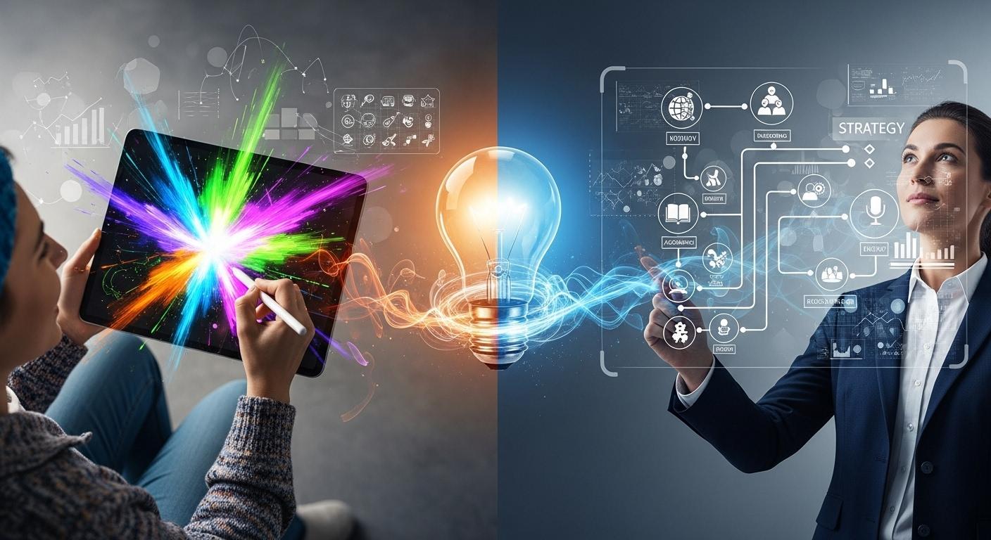 創造性とキャリア戦略を組み合わせた、クリエイティブな仕事の未来を示すビジュアル。