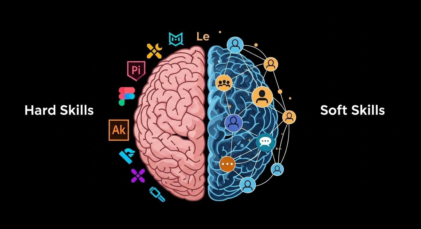 クリエイティブな仕事に必要なハードスキルとソフトスキルのバランスを示す図。