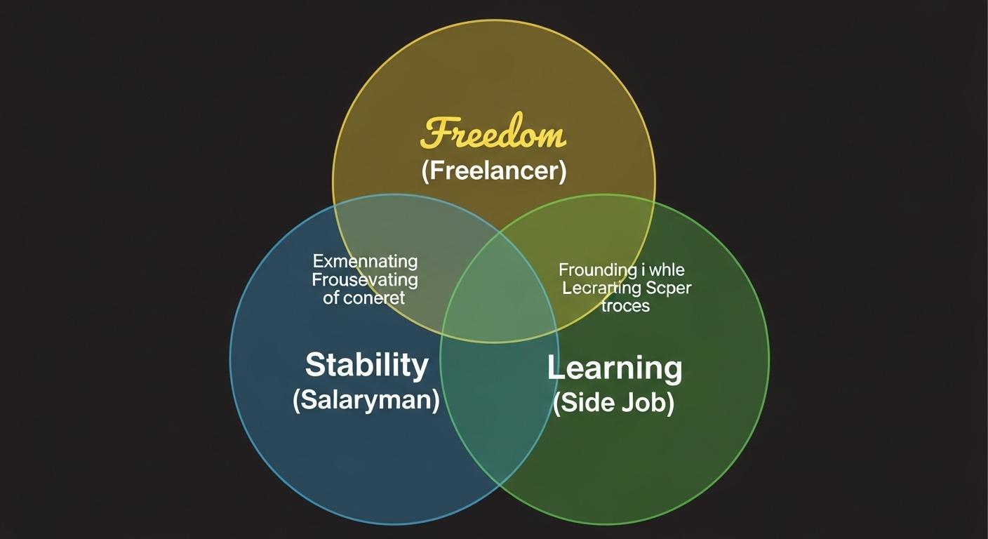 正社員、フリーランス、副業のメリット・デメリット比較図。