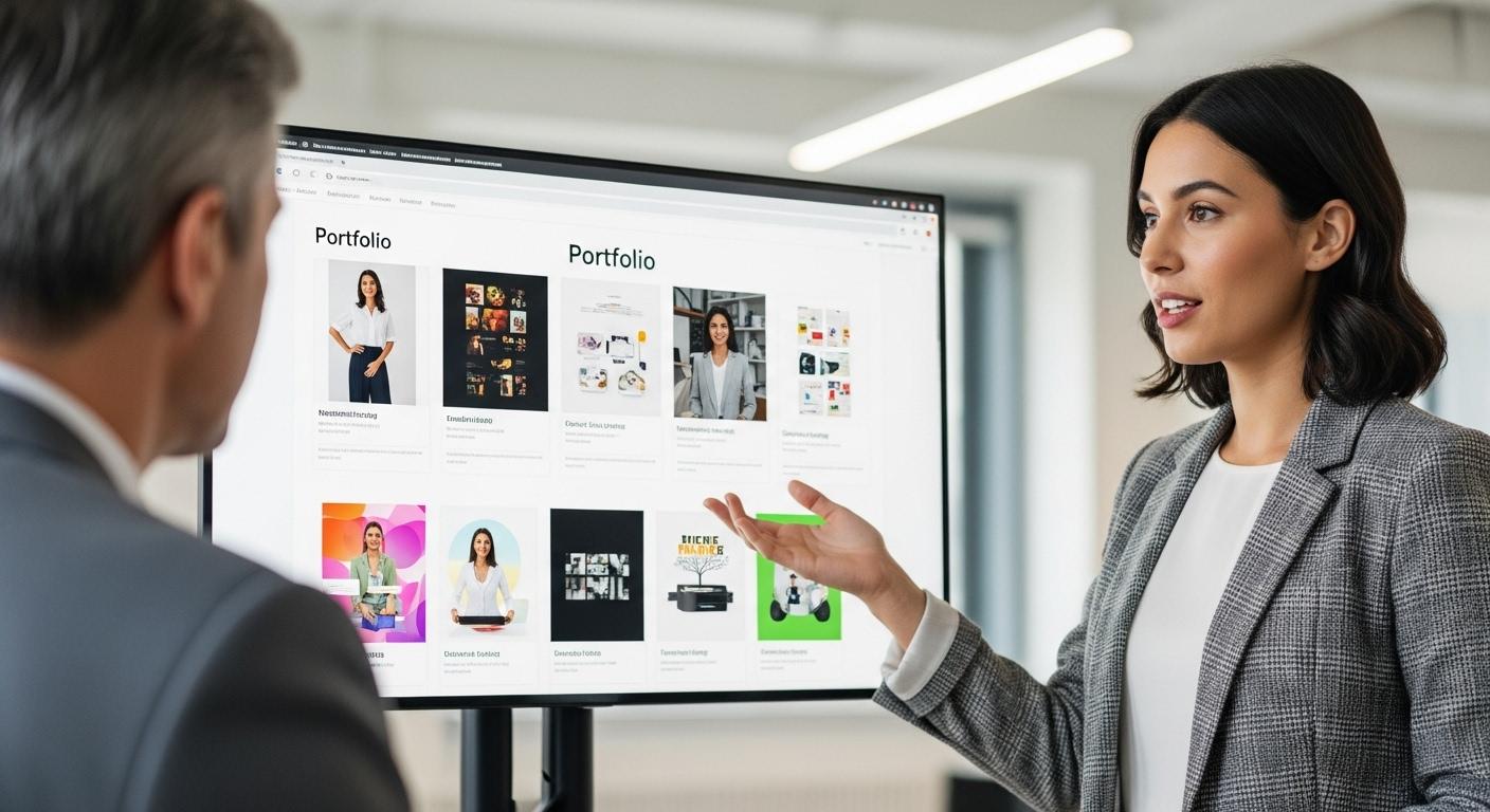 未経験からクリエイティブ職の面接でポートフォリオを提示する様子