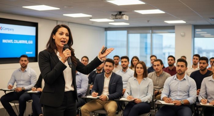 新入社員研修で熱弁を振るう講師