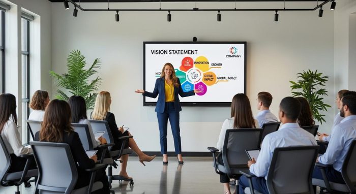 新人研修で会社のビジョンを語る講師