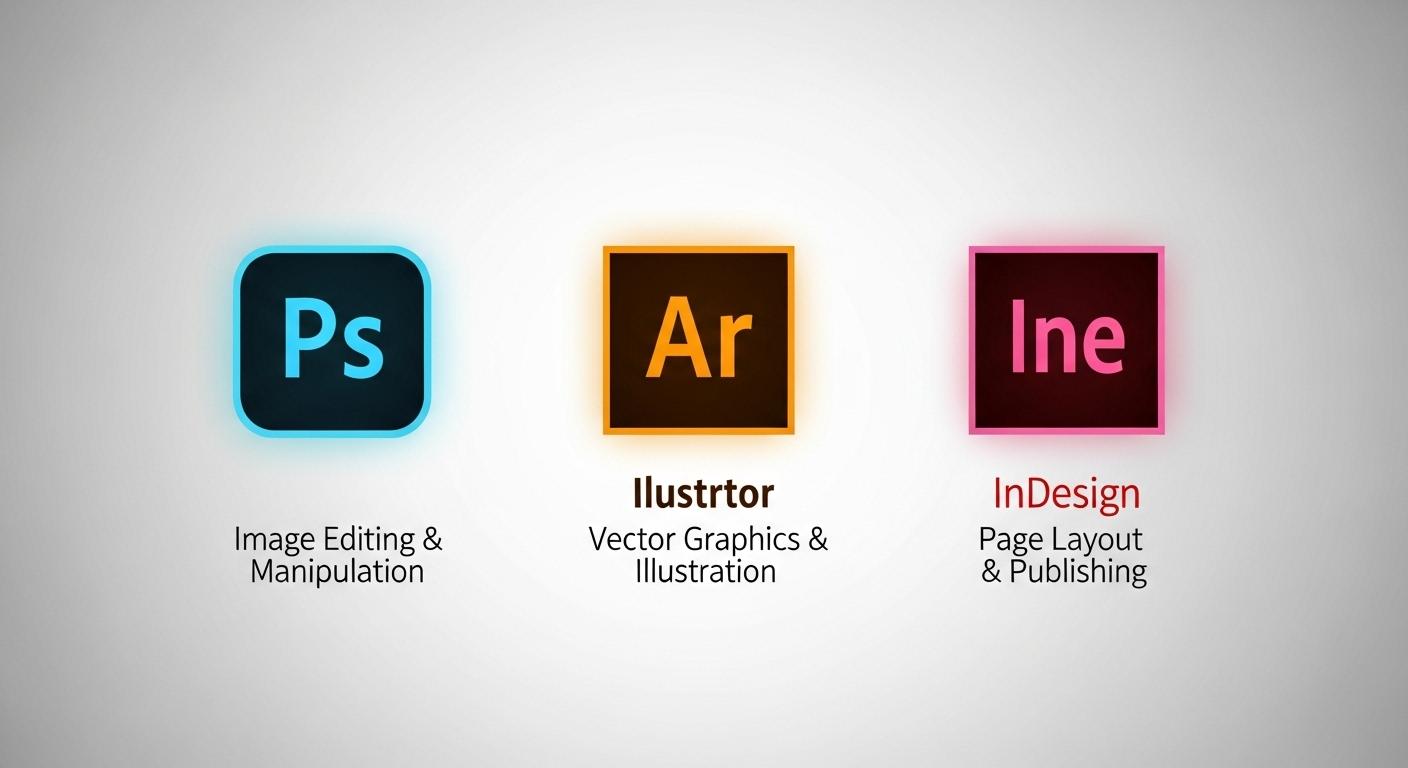 グラフィックデザインに不可欠なAdobeソフトのロゴと説明
