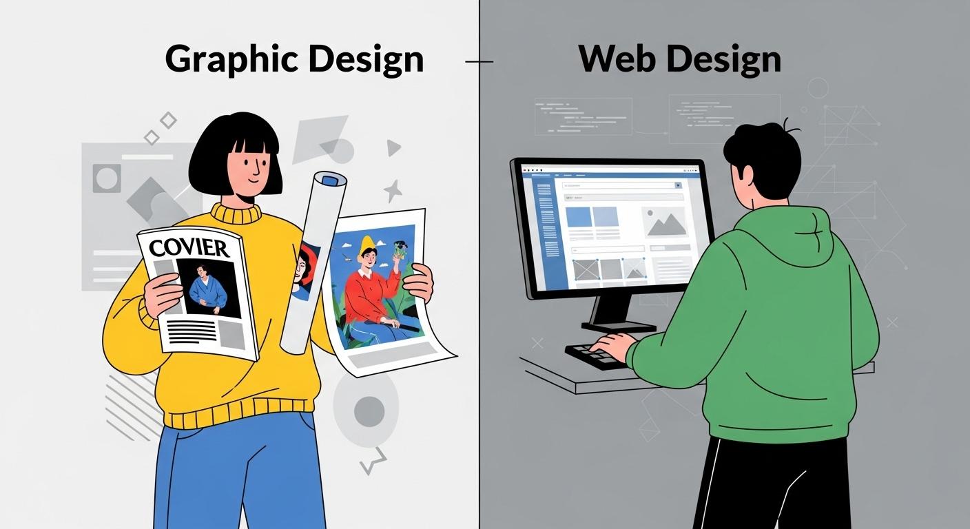 グラフィックデザイナーとWebデザイナーの違いを説明するイラスト