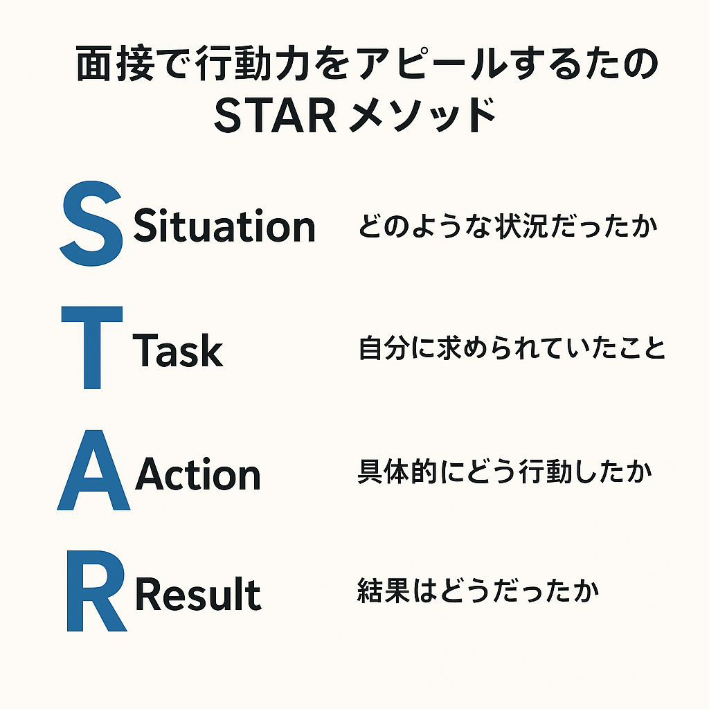 面接で行動力をアピールするためのSTARメソッドの解説図。