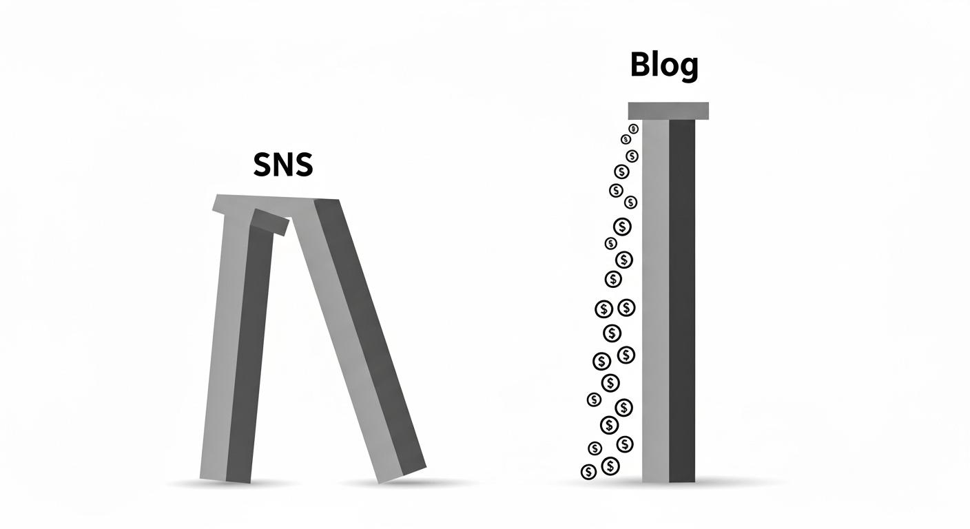 不安定なSNSの柱と、安定したブログの柱から収益を得ているイラスト。