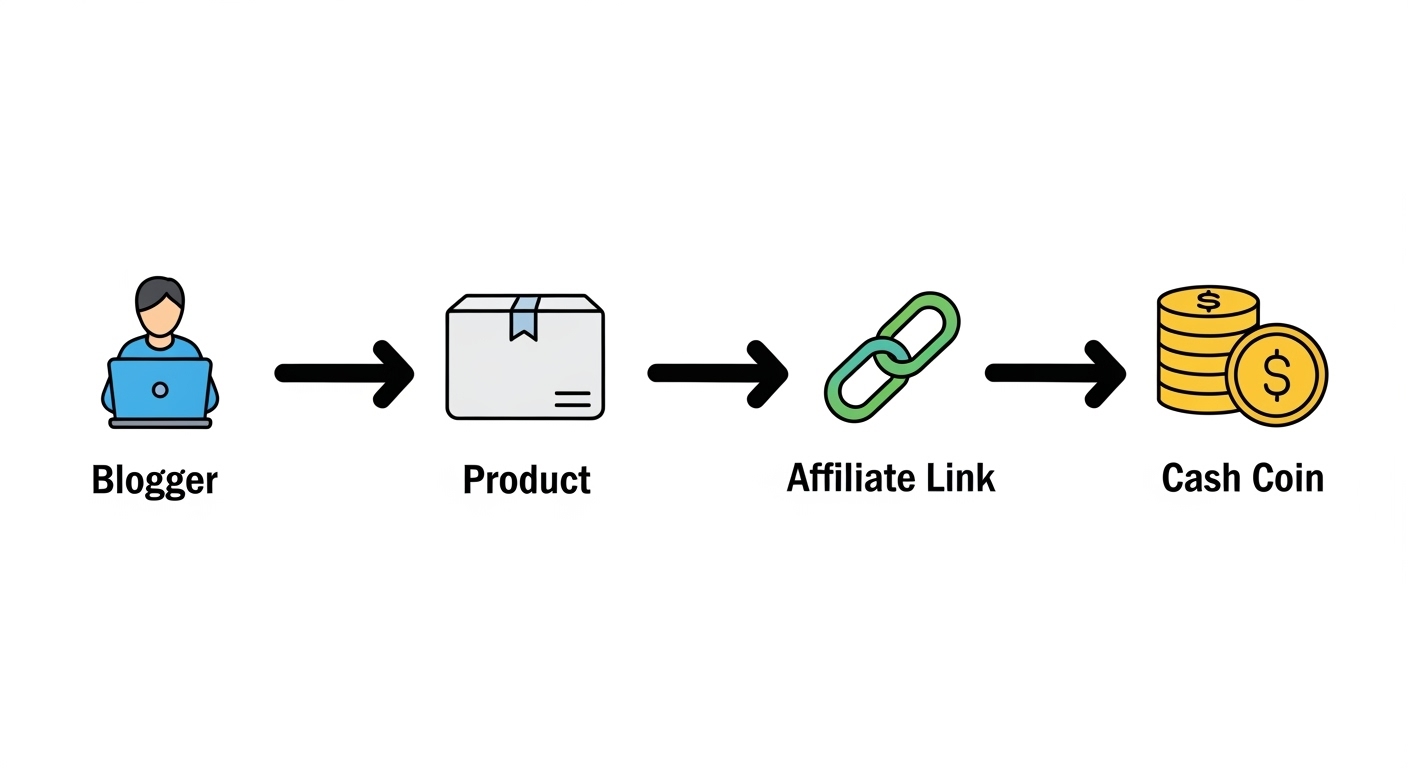 ブロガー、アフィリエイトリンク、商品、報酬の流れを示すシンプルな図。