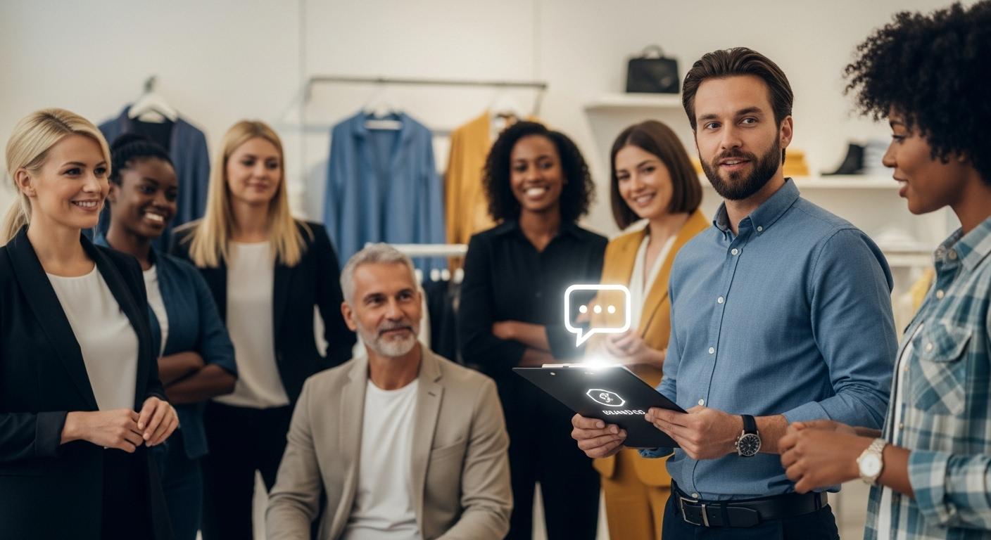 アパレル業界の志望動機と面接対策を解説する、自信に満ちた店員のイラスト。