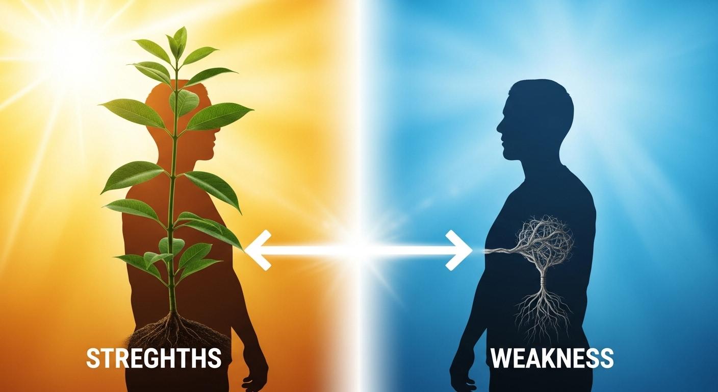 転職の自己分析で強みと弱みを見つける方法を表現したイラスト。成長する植物と絡んだ根の対比。