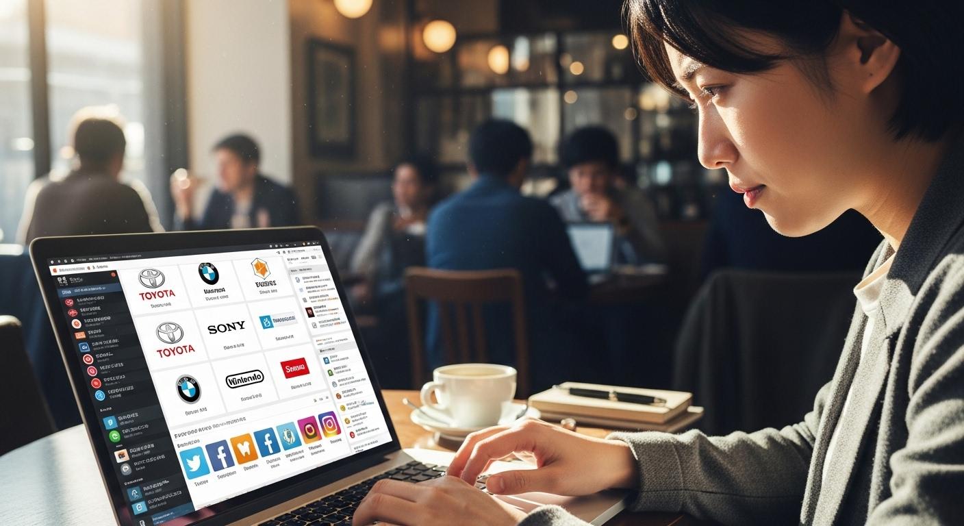 ノートパソコンで企業の情報を熱心に調べている人の様子。
