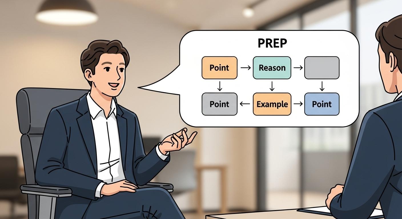 面接で志望動機を話す際のポイントと、PREP法。