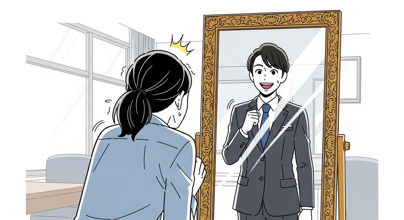 面接の練習を鏡に向かってしている人のイラスト。
