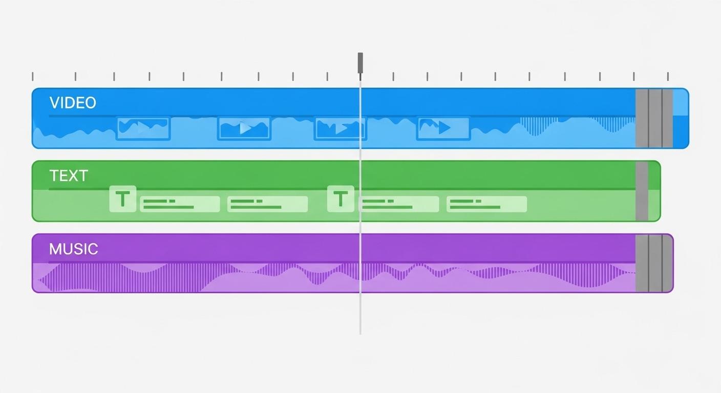 動画、テロップ、BGMが重なったマルチレイヤー編集のタイムライン