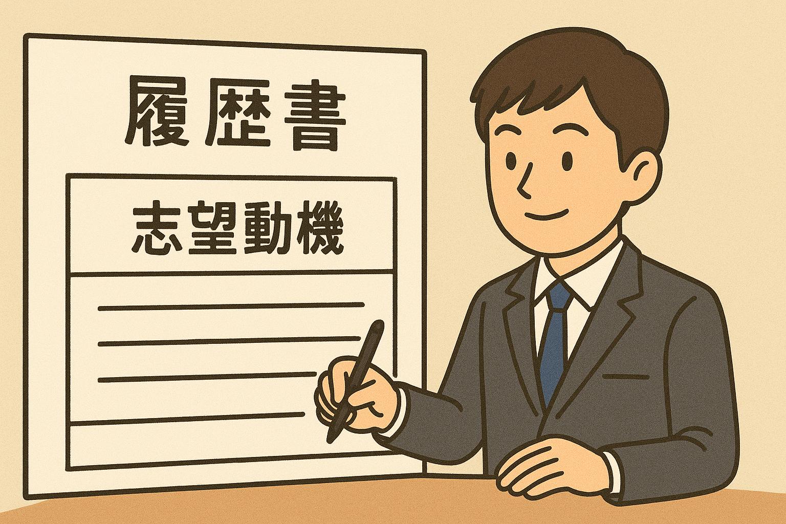 履歴書の志望動機欄の書き方を解説するイラスト。