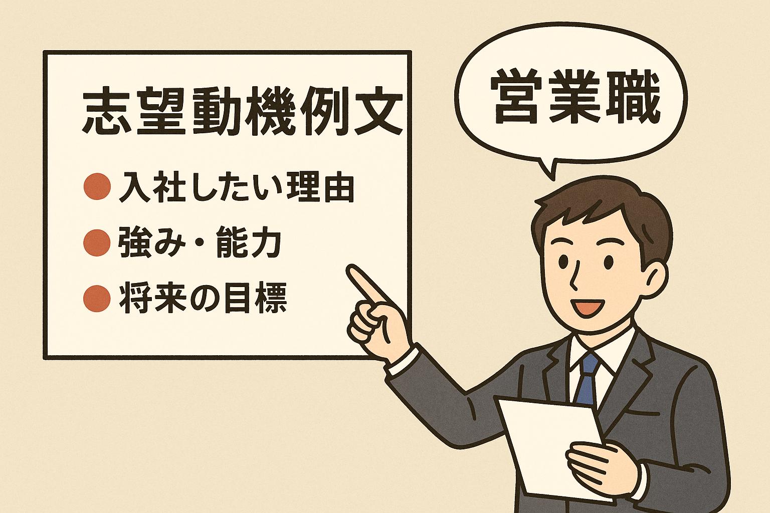 営業職向けの志望動機例文を解説するイラスト。