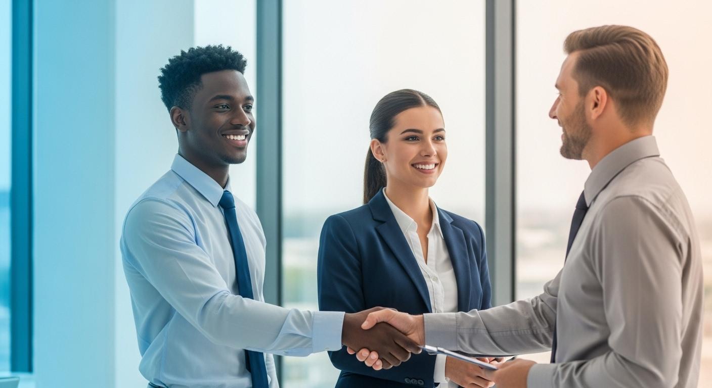 転職活動で面接官と握手する男女のビジネスパーソン