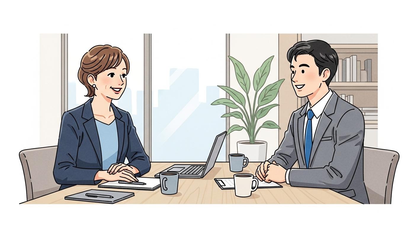 採用担当者と求職者が面接で笑顔で話しているイラスト。