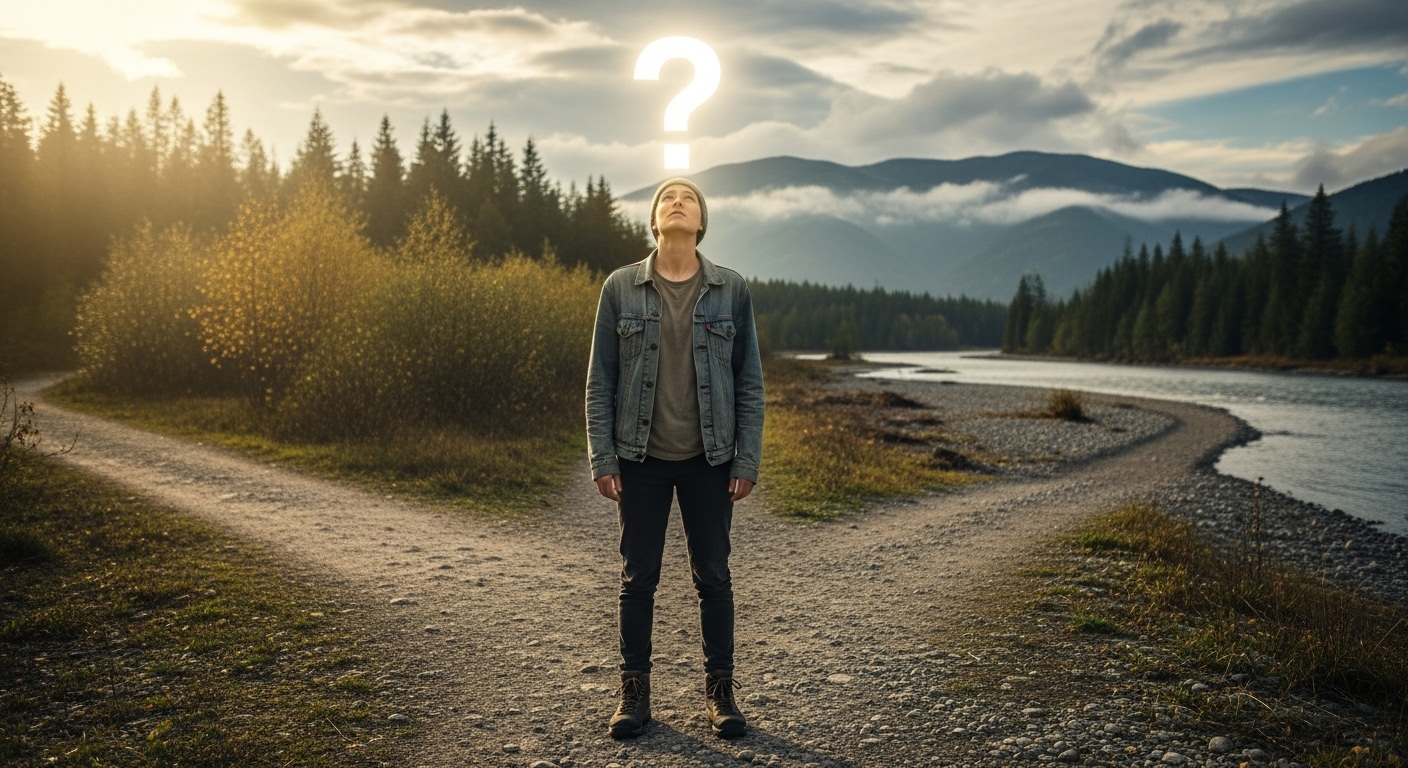 転職への悩みを持つ人物が、先の見えない道を前に立ち止まっているイラスト。