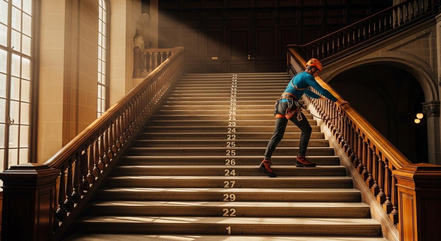 4つのステップが書かれた階段を上る人物のイラスト。