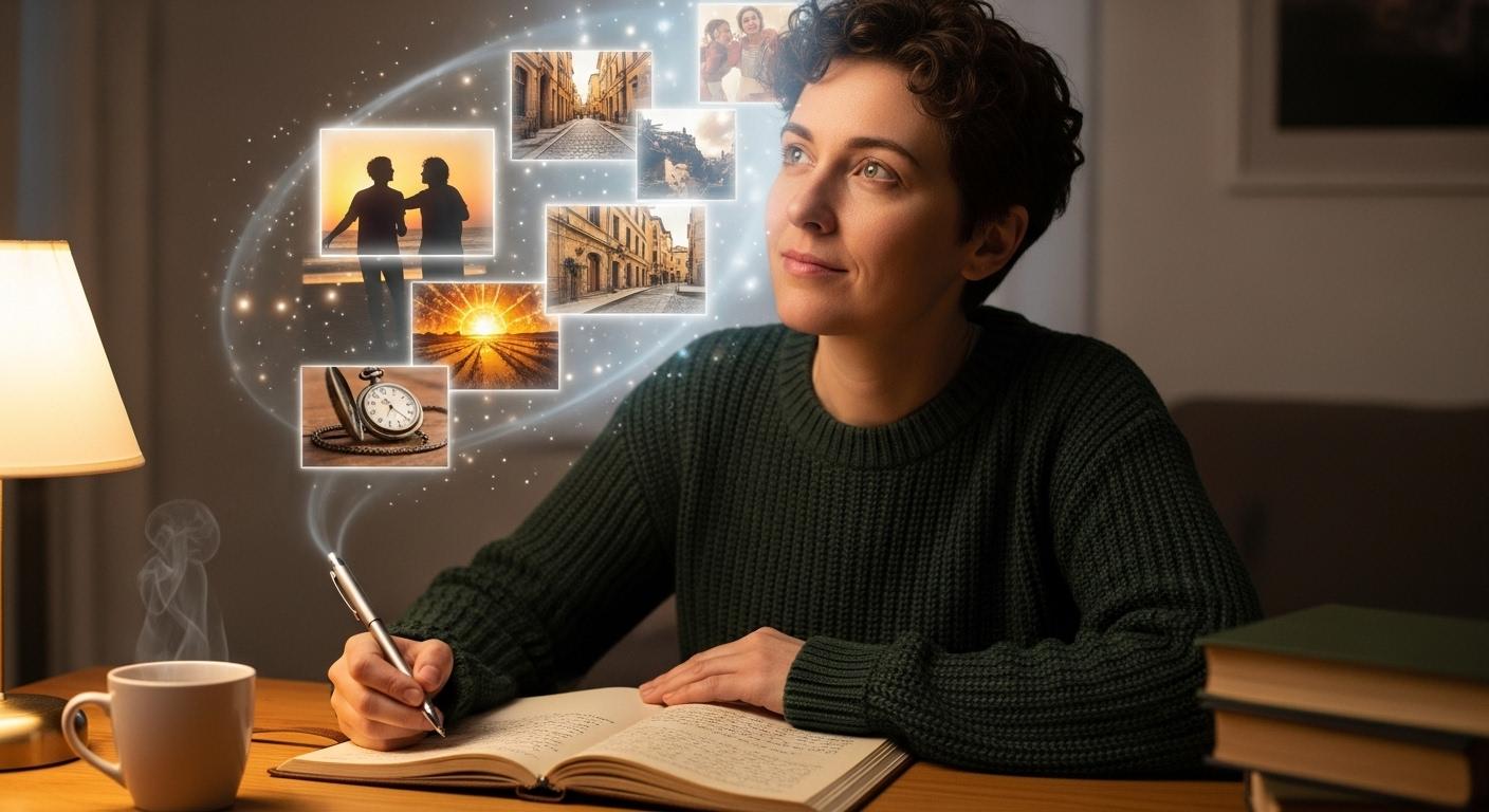 ノートに書き出し、過去のキャリアを振り返る人物のイラスト。