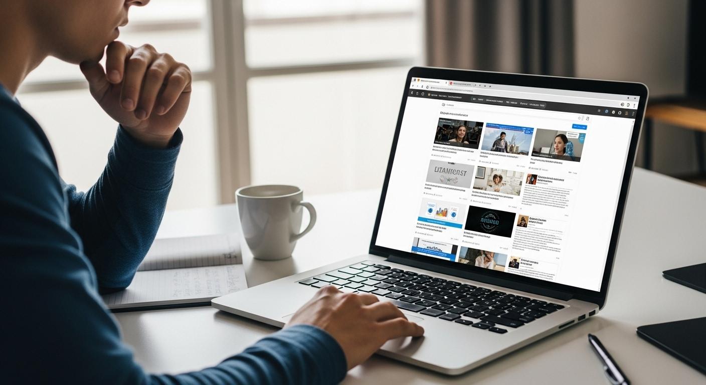 ノートパソコンで企業研究をしている人物のイラスト。