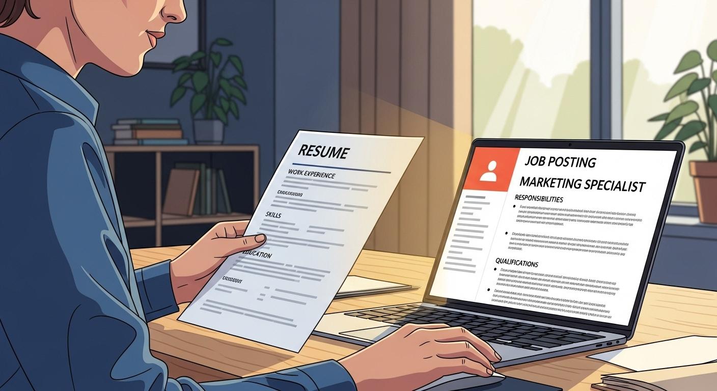 履歴書と求人情報を照らし合わせる人物のイラスト。