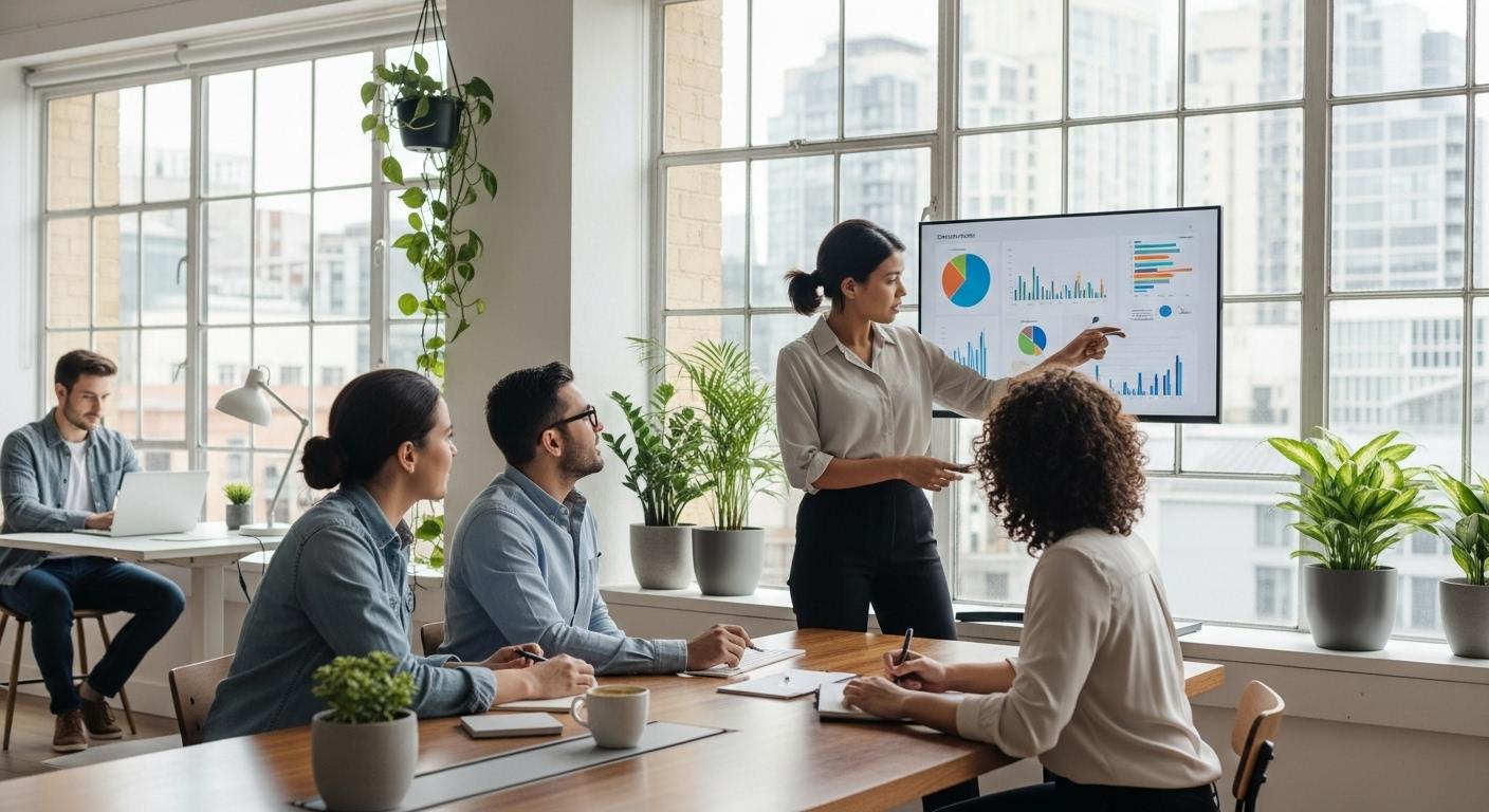 モダンなオフィスで協力して働く人々のイラスト。