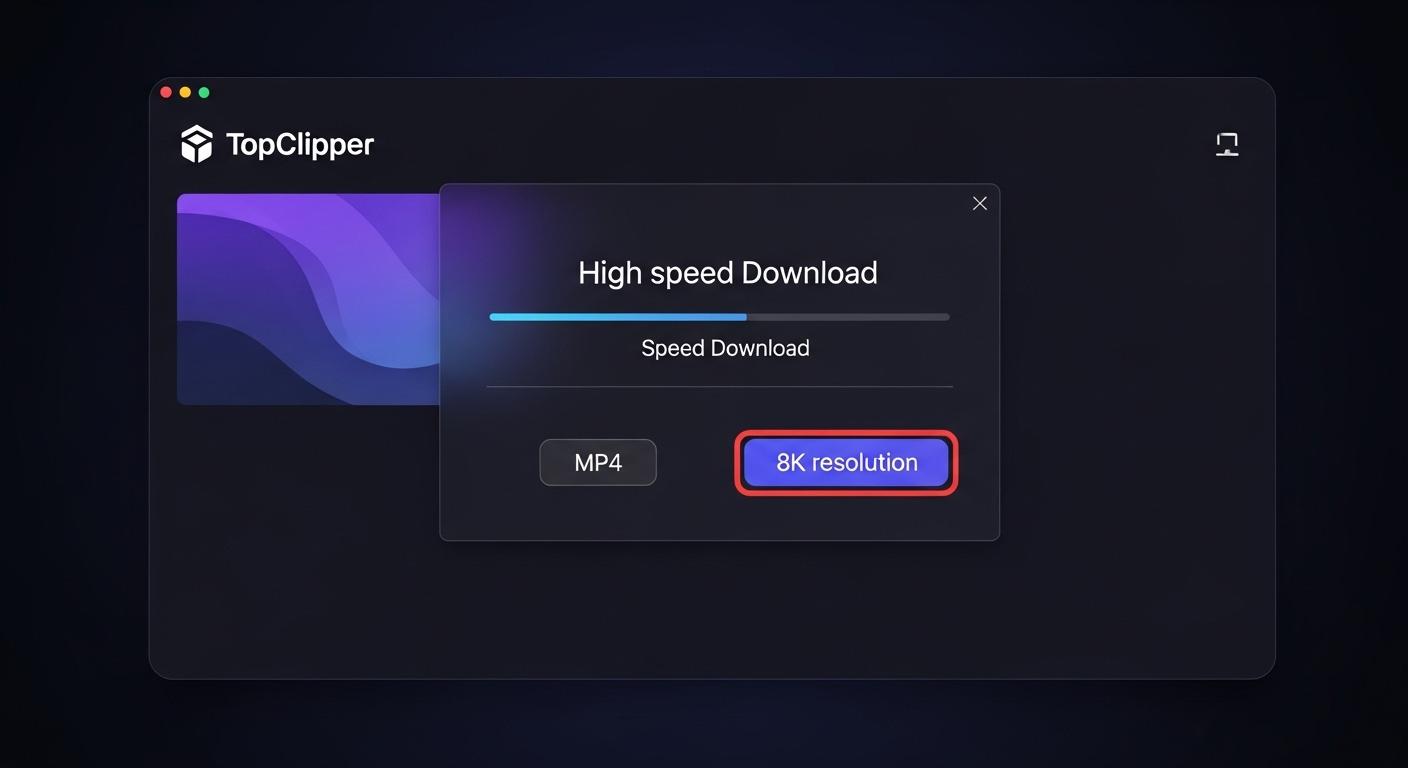 高速ダウンロードと8K/MP4対応を強調したTopClipperのソフトウェア画面