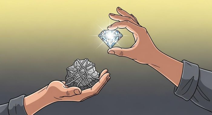 弱みを強みに変える思考法を表現したイラスト。