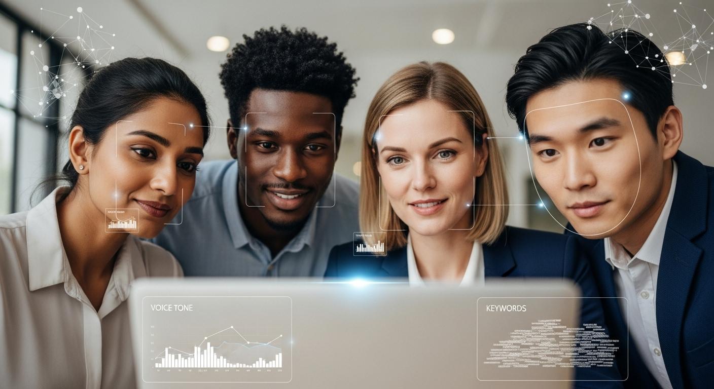 AI面接に自信を持って臨む応募者の様子と、分析されるキーワード