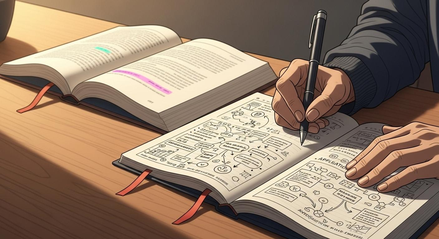 書籍から得た知識を実践するための、ノートにメモを取る学習方法のイメージ。