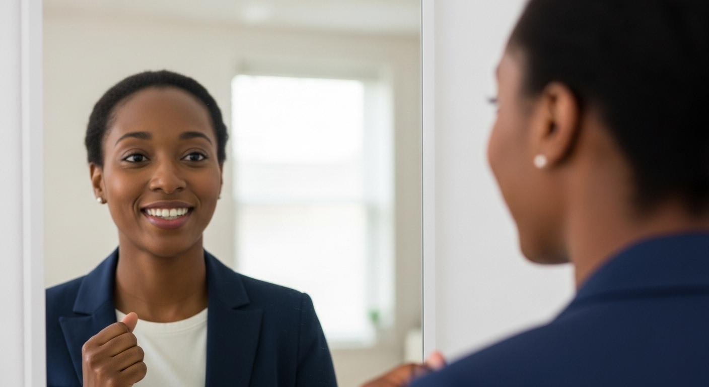 飲食店アルバイト面接で好印象を与えるために笑顔を練習する人