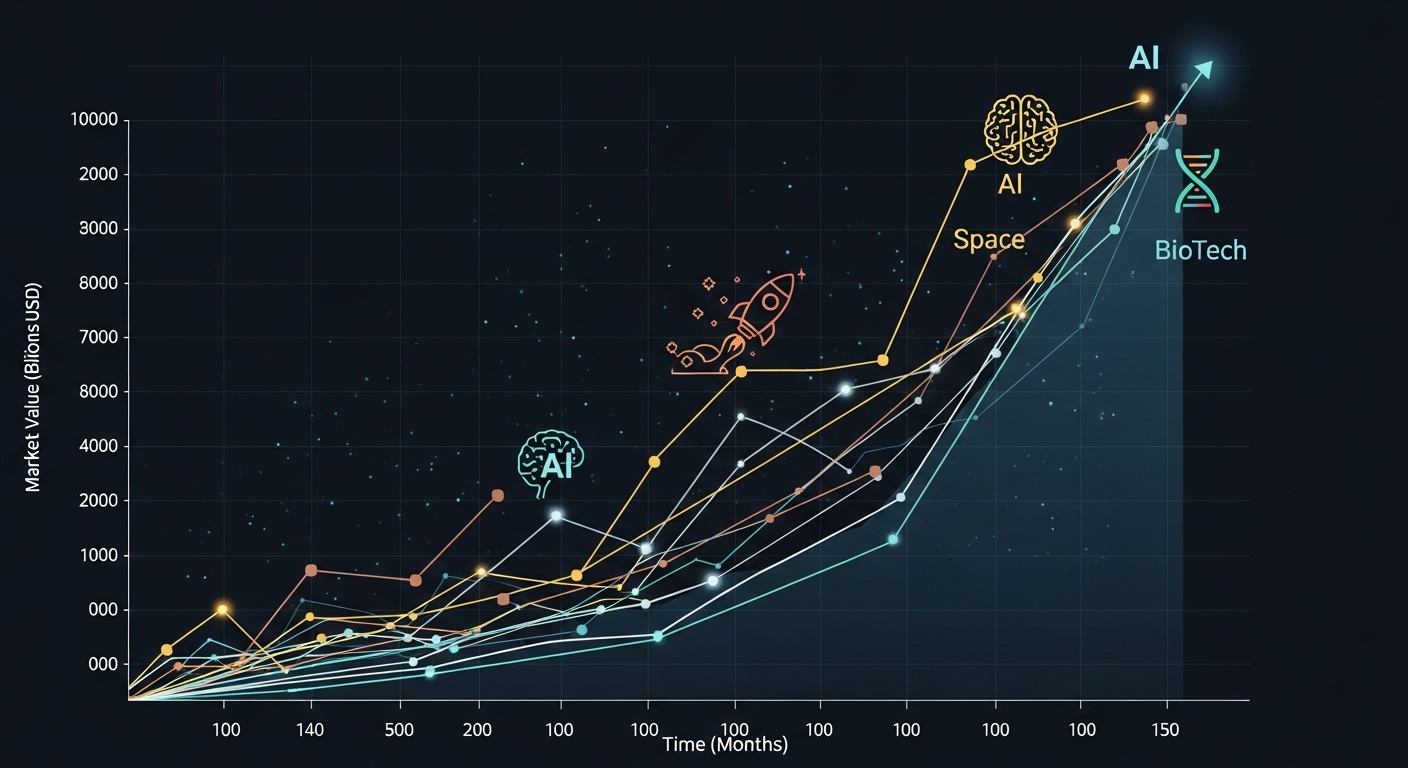 将来性のある業界の市場規模の推移と高いCAGR(年平均成長率)を示すグラフ