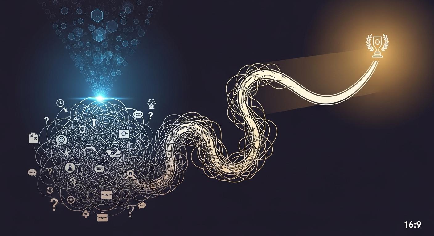 AIの導きによって、複雑な転職活動から成功へと向かうキャリアパスのイメージ