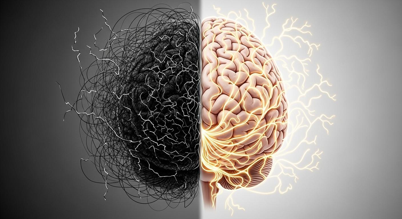 認知行動療法とリフレーミングによる思考の変化を脳のイメージで表したもの。