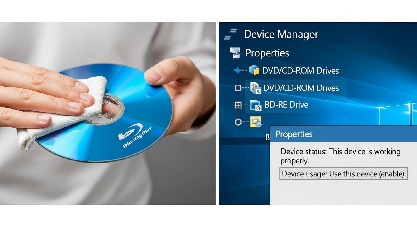 ブルーレイディスクのクリーニングとデバイスマネージャーの確認。