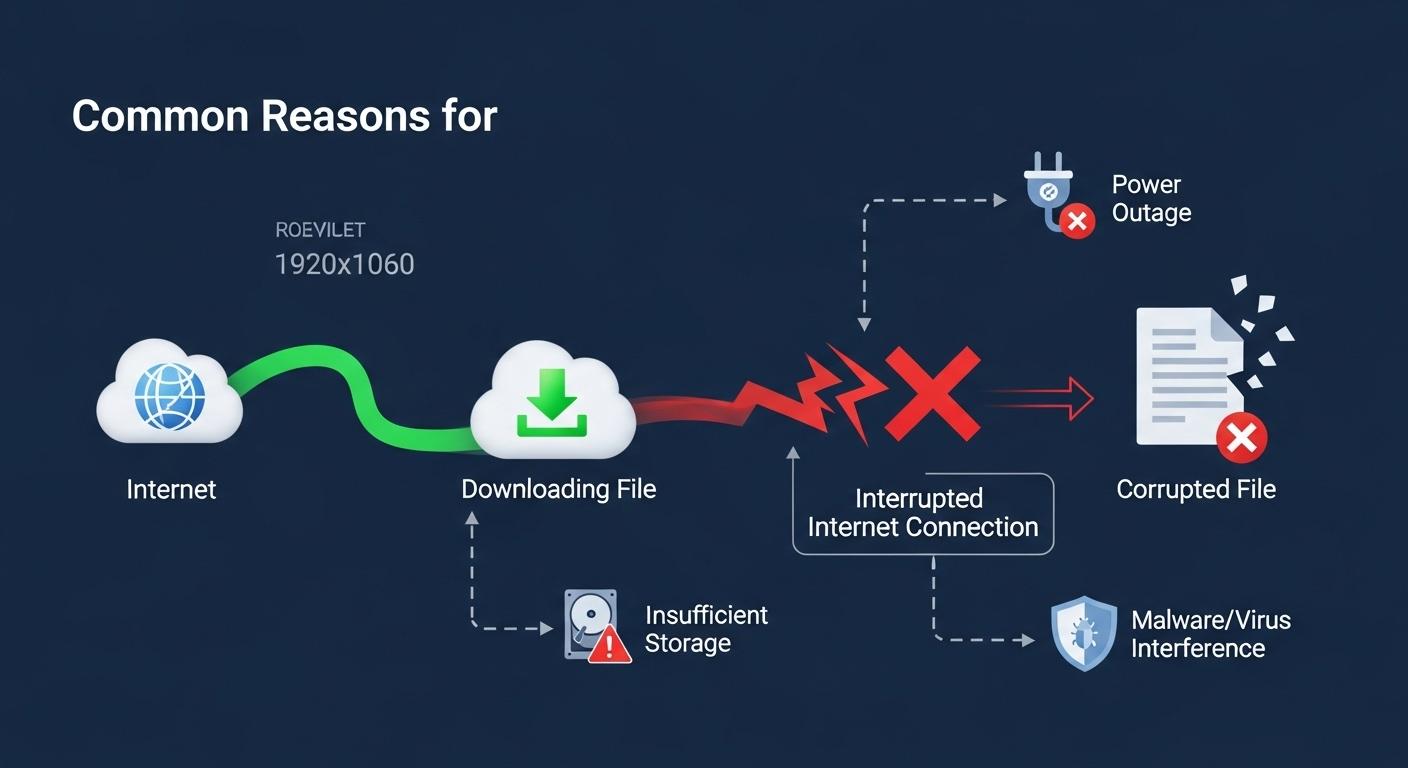 ダウンロード中にインターネット接続が中断され、ファイルが破損した図。