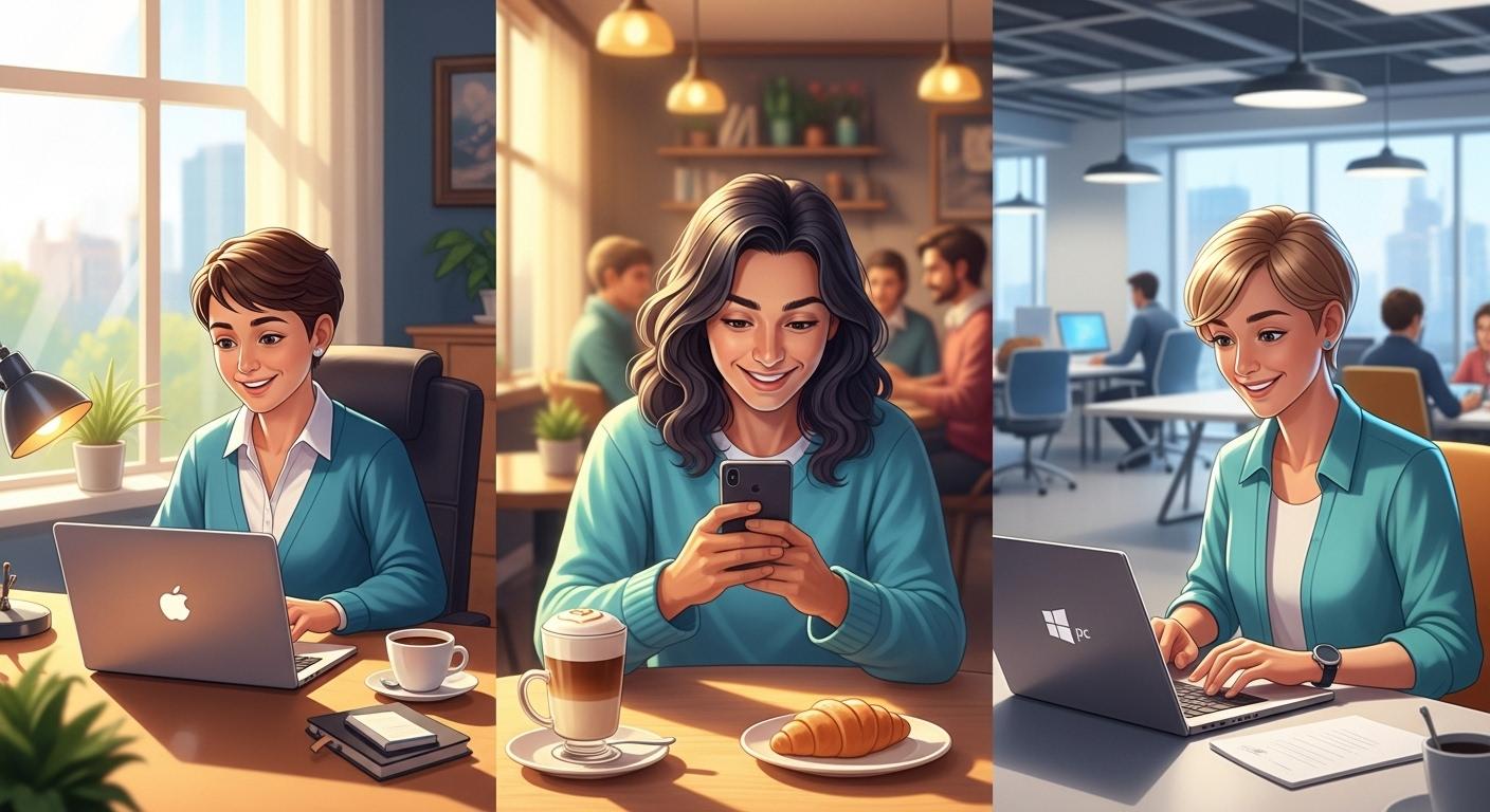 Windows PC、Mac、スマートフォン（iPhone/Android）を使って多様な場所で働く人々の図：柔軟な勤務形態のイメージ