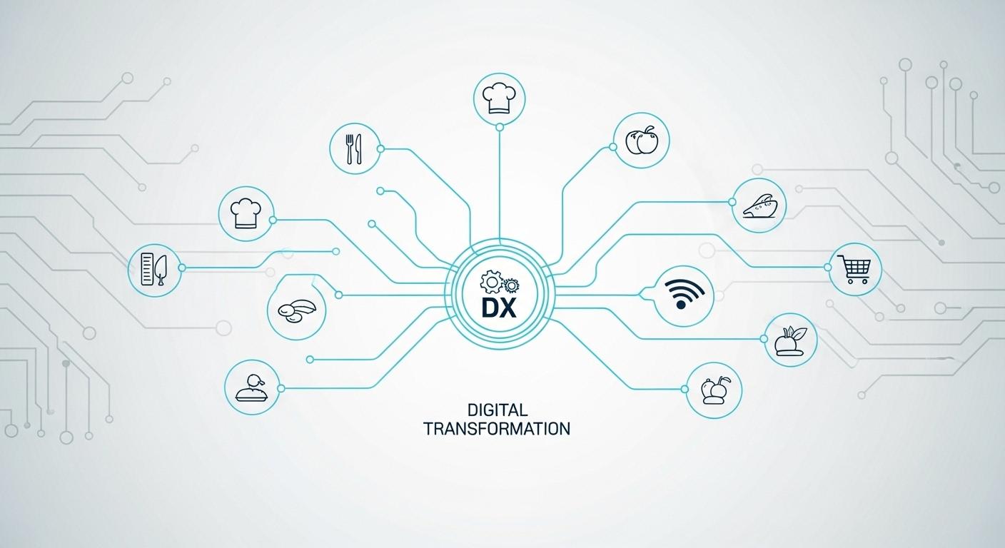 飲食店におけるDX(デジタルトランスフォーメーション)の進化を示すイラスト
