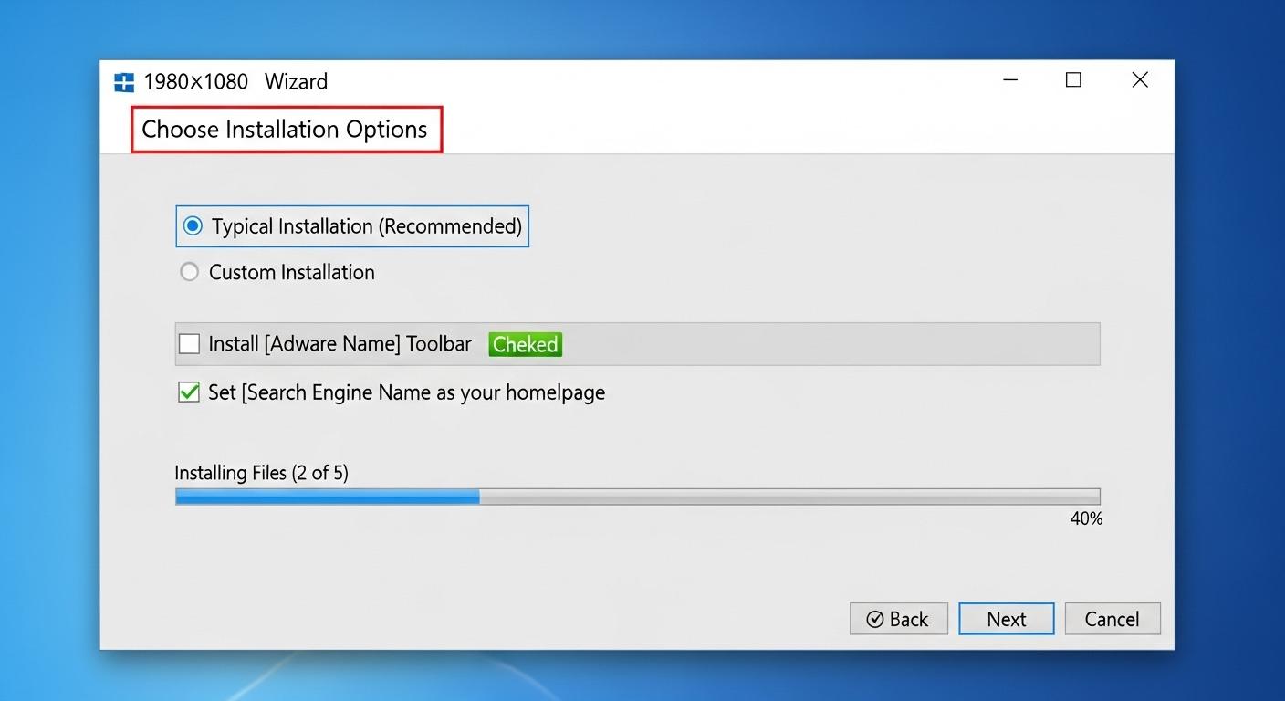 ソフトのインストール手順と不要なアドウェアをチェックを外す画面。